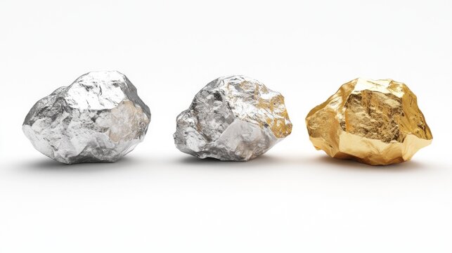 Three raw nuggets of precious metals; silver, platinum, and gold