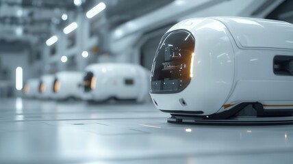 Obraz premium Delivery robots navigating sleek underground tunnel, powered by blue lighting, representing cutting edge automated logistics technology