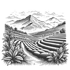 Fototapeta premium tea plantation mountain landscape with terraced fields, lush plants, pine trees, and dramatic cloud formations sketch engraving generative ai vector illustration. Scratch board. Black and white.