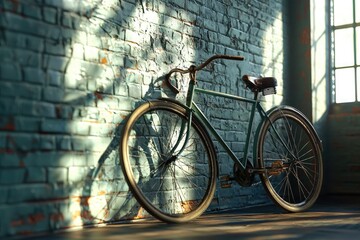 Obraz premium Vintage bicycle leans against a rustic teal brick wall, bathed in sunlight.