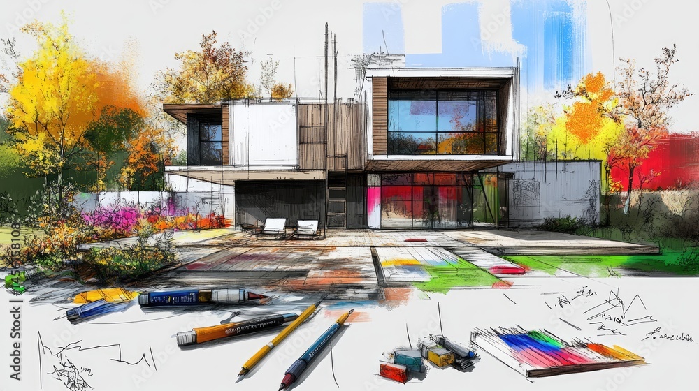 Aufkleber Architectural sketch in progress with creative colorful background and fall nature elements