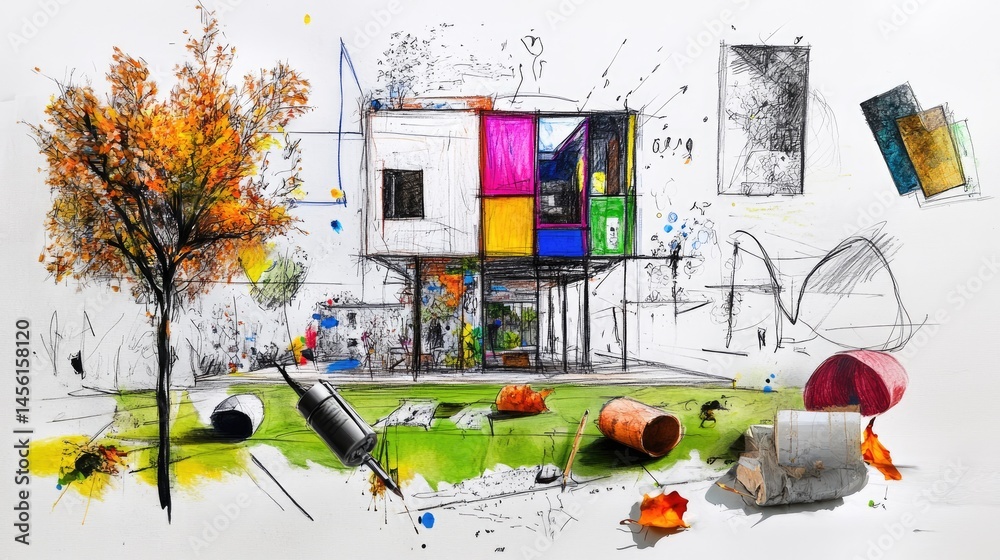 Aufkleber Architectural sketch in progress with creative colorful background and fall nature elements