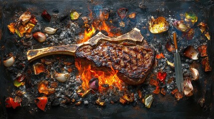 Artisan cooking scene with large T-bone steak grilled directly on burning embers