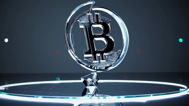 Crystal bitcoin sculpture spinning on reflective platform, glowing with neon lights, symbolizing innovative digital currency investment and futuristic financial technology