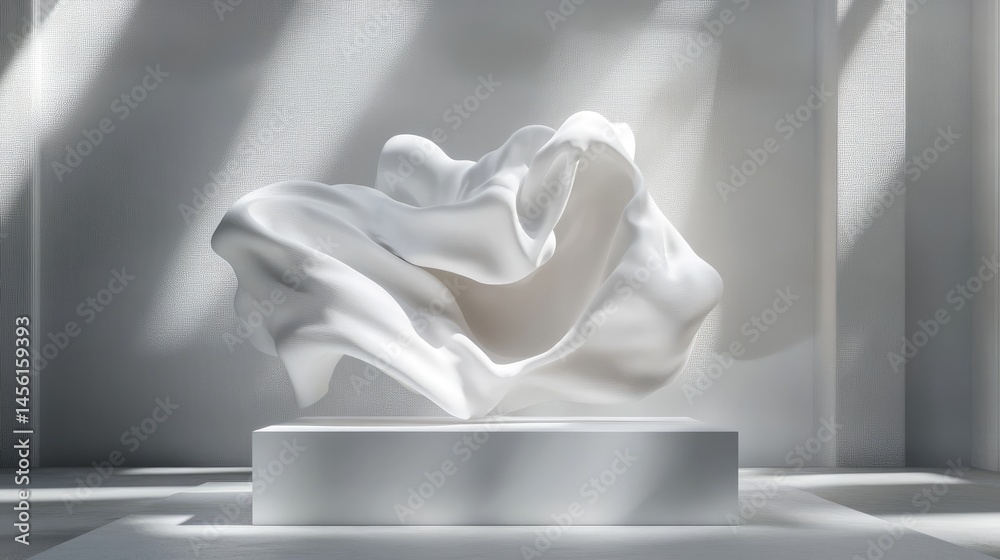 Poster all-white abstract shapes forming a 3d podium, soft light for mockup presentation