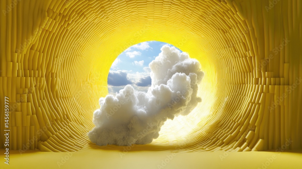Poster Abstract yellow minimal tunnel with fluffy white clouds floating toward the viewer