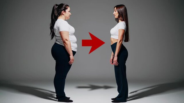 Gradual weight loss transformation of a woman, showcasing her progress towards a healthier lifestyle through diet and exercise, symbolizing dedication and positive change