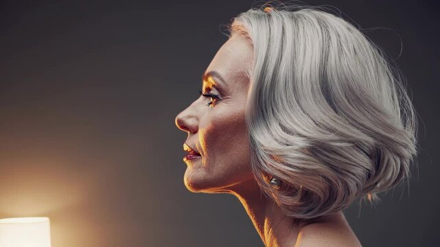 Elegant senior woman progressively transforming through sequential studio portraits, depicting visual journey of graceful aging and rejuvenation with sophisticated beauty