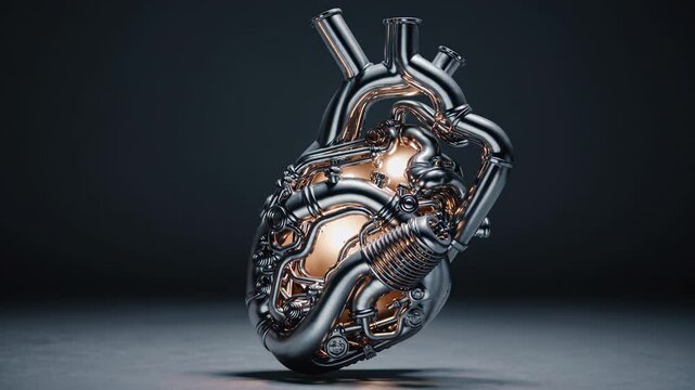 Complex metallic heart shaped engine pulsates with an inner golden light, showcasing intricate details and suggesting a fusion of biology and mechanics