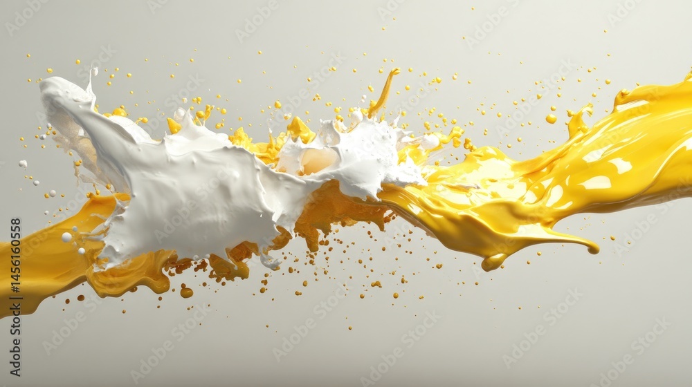 Poster abstract liquid paint explosion in motion, 3d art with glossy, smooth textures on neutral backdrop