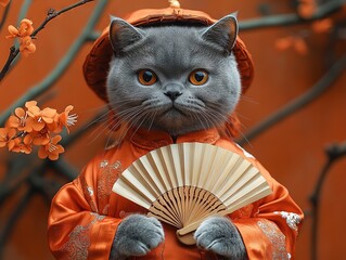 Grey cat in traditional Chinese Tang suit holds bamboo fan, plum blossoms bloom in orange backdrop.