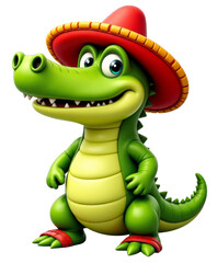 Fototapeta premium Cartoon Crocodile, Green with Red Hat, Transparent Background
