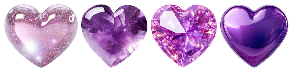 Fototapeta premium PNG Four glossy purple heart-shaped gems illustration transparent background.