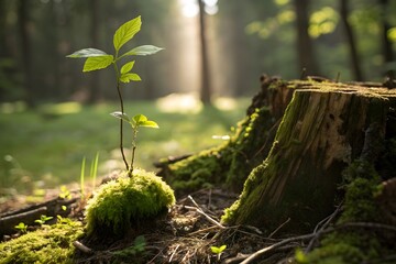 A small plant grows from a mossy patch in the forest