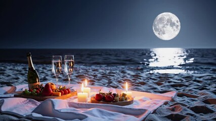 White blanket illuminating romantic picnic setup on sandy beach under full moon, featuring champagne, fruits, cheese, candles, creating serene and intimate atmosphere - Powered by Adobe