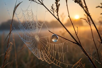 Spider web with dew drops at sunrise in the morning