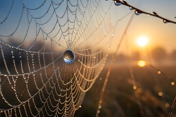 Spiderweb glistens with dew drops at sunrise morning