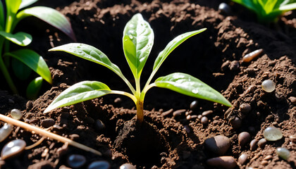Vibrant seedling emerges from rich soil