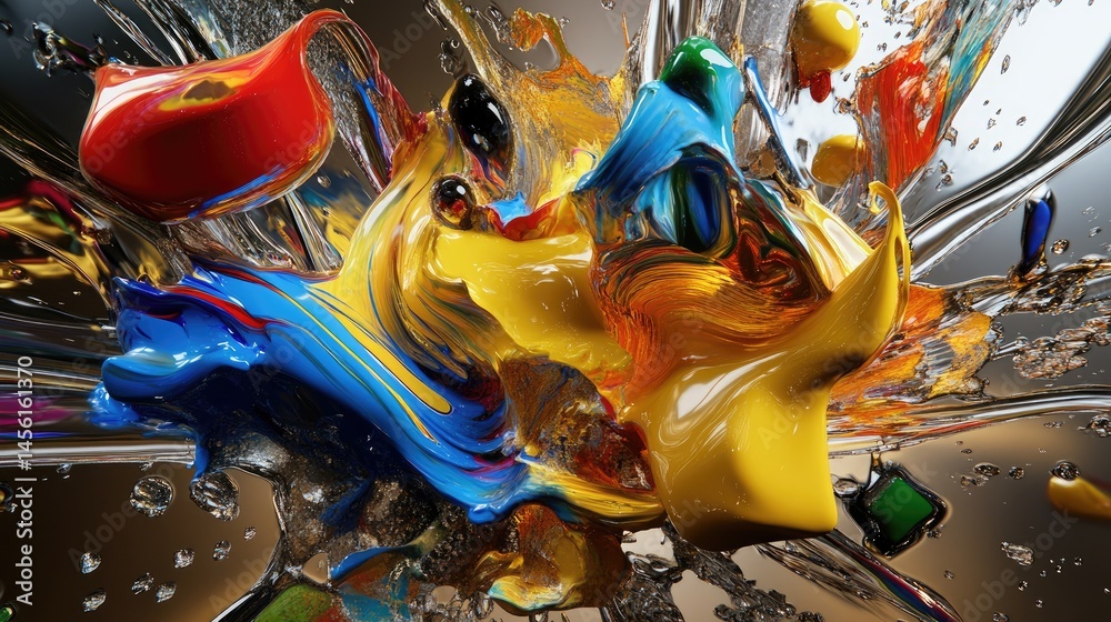 Poster abstract liquid paint explosion in motion, 3d art with glossy, smooth textures on neutral backdrop