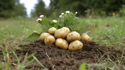 Freshly Harvested Potatoes in Soil, Organic Farm Produce,  Potato Crop