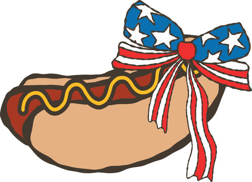 Hand-drawn cartoon Hotdog decoration with bow for Cerebration in 4th of July 
