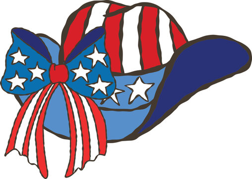 America Retro Cowboy hat on independence day, Hand-drawn cartoon Cowboy hat decoration with bow for Cerebration in 4th of July 