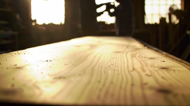 Sunlit workshop with a wooden table, craftsmen working in the background, creating handmade furniture - yellow pine