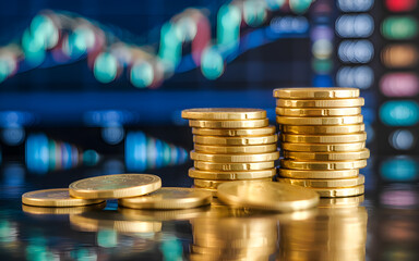 Macro Image of Gold Coin Stacks with Blurred Financial Stock Chart Background