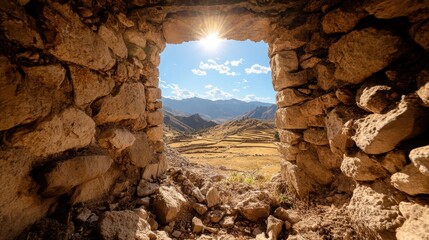 An ancient stone window frames a breathtaking view of mountains and fields, illuminated by the sunshine, encapsulating the serene beauty of nature's timeless landscape.
