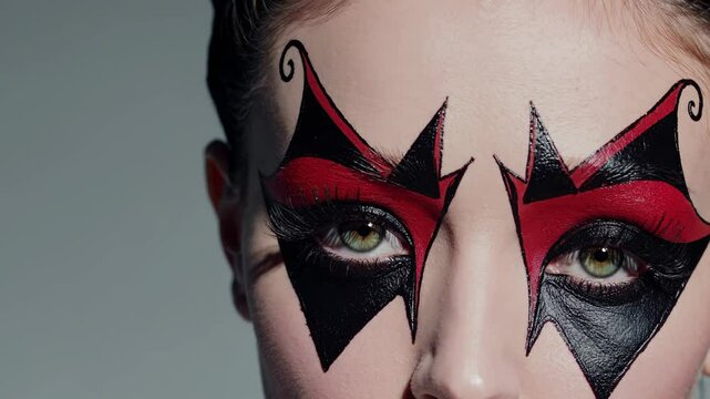 Professional makeup artist revealing dramatic harlequin inspired facial expressions, embodying theatrical creativity through intricate makeup design against neutral gray background. halloween