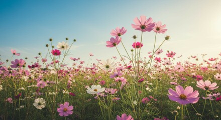 Fototapeta premium Blooming Flower Field Under Blue Sky in Spring
