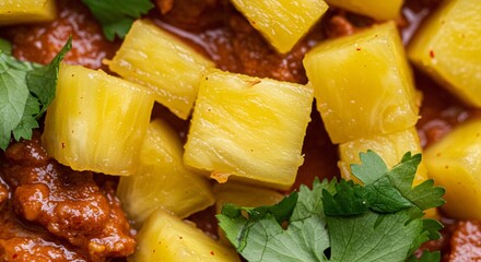 Delicious sweet pineapple chunks in spicy red curry sauce garnish eat food dish meal fruit brown