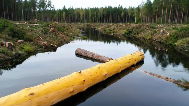 Serene river flowing through a deforested area with felled trees along the banks under a clear sky - yellow pine