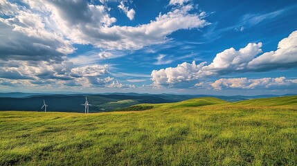Fototapeta premium Tall wind turbines stand on lush green hills with a background of dynamic clouds and vivid blue sky, symbolizing clean and environmentally friendly renewable energy production.