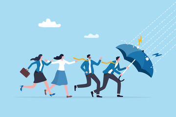 Protective leader, courage or leadership to protect team colleagues, aspiration or support for employee to solve problem and get through crisis, adversity, risk or organization thunderstorm problem.