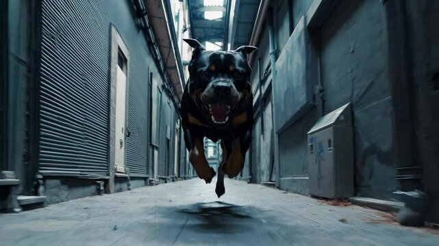 Powerful rottweiler sprints directly towards the camera in a narrow, industrial urban alleyway, its focused expression and determined gait conveying a sense of purpose and intensity