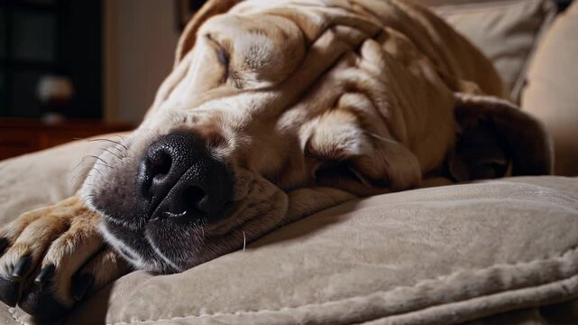 Gentle light illuminates a calm, wrinkled dog resting its head on a comfortable sofa, radiating tranquility and peace in a cozy home setting