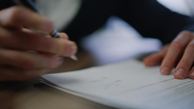 Businessman hand signing legal agreement at office closeup. Unknown entrepreneur