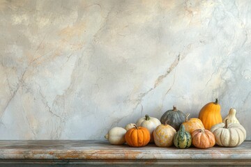 A collection of various autumn pumpkins and gourds arranged on a rustic marble surface against a textured background.