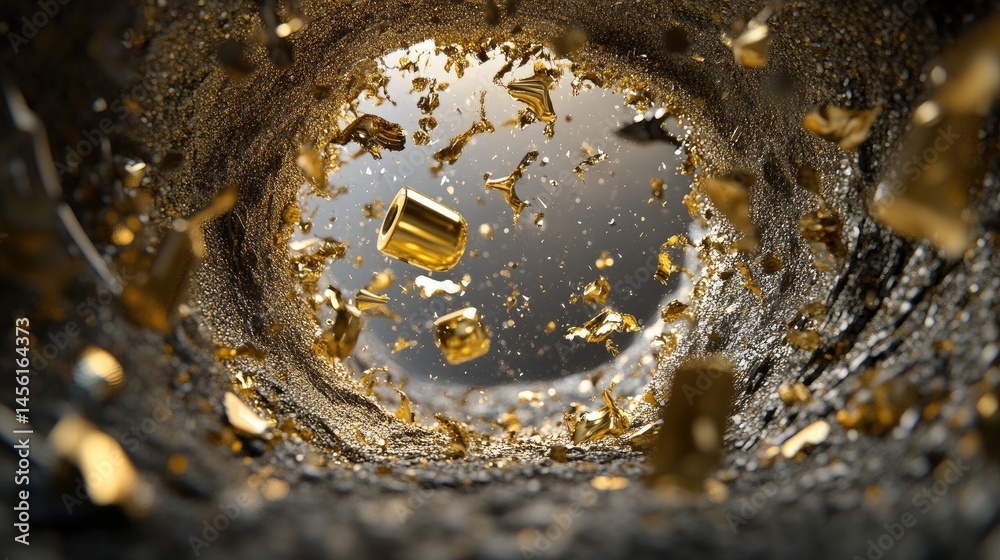 Poster 3D render of sparkling fantasy scene with chaotic gold foil and digital fractal art design