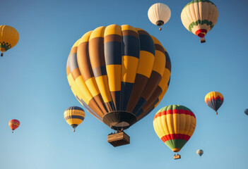 Fototapeta premium Balloons of various colors and patterns ascend high above, basking in the sunlight with a serene blue backdrop on a beautiful day.