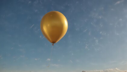 Fototapeta premium A shimmering gold balloon floats on a long string against a clear sky , graphic, above