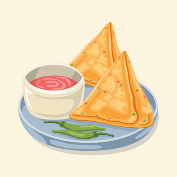 samosa with tomato ketchup and Green chilies Place on plate vector minimalistic illustration