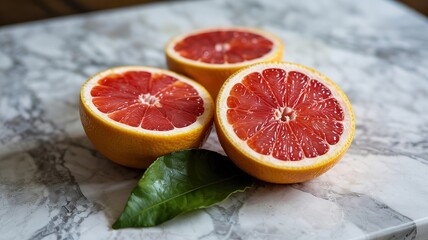 Vividly Detailed Grapefruit Halves with Leaf on Marble Surface