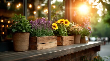 Fototapeta premium A vibrant display of flowers in pots outside a café windowsill during sunset, creating a warm and inviting atmosphere that enhances the charm and liveliness of the cafe space.