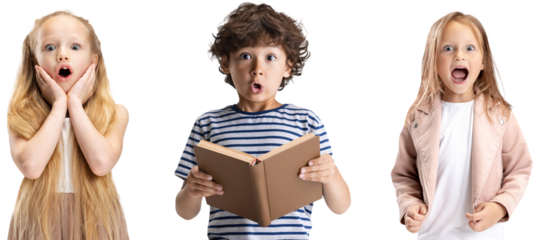 Collage of portraits of little and happy kids, preschool girls and boy isolated on transparent background. Education, human emotions, facial expression concept. Copy space for ad. Look shocked