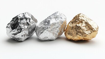 Fototapeta premium Three metallic nuggets, silver, gray, and gold, against white background