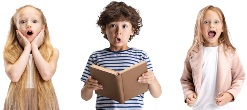 Collage of portraits of little and happy kids, preschool girls and boy isolated on transparent background. Education, human emotions, facial expression concept. Copy space for ad. Look shocked