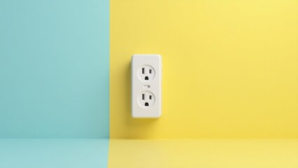 Surge Protector. White electrical outlet on pastel blue yellow wall ba