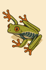 Green Tree Frog Climbing Illustration with Orange Toes on Plain Background